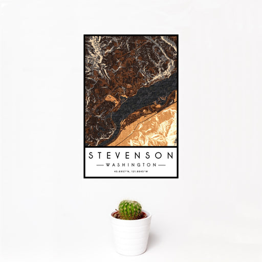 12x18 Stevenson Washington Map Print Portrait Orientation in Ember Style With Small Cactus Plant in White Planter