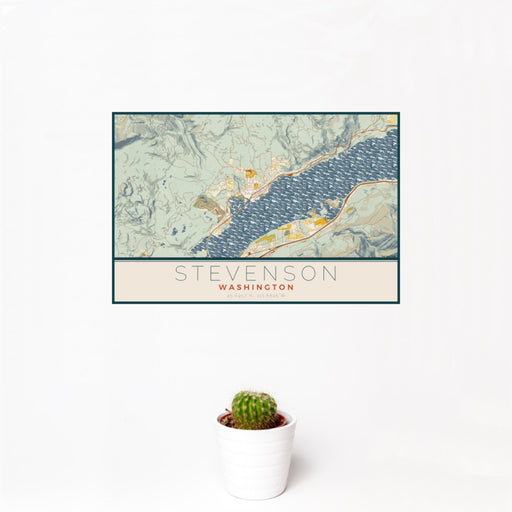 12x18 Stevenson Washington Map Print Landscape Orientation in Woodblock Style With Small Cactus Plant in White Planter