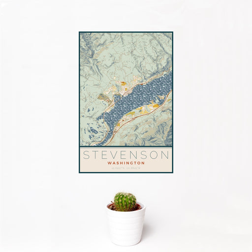 12x18 Stevenson Washington Map Print Portrait Orientation in Woodblock Style With Small Cactus Plant in White Planter
