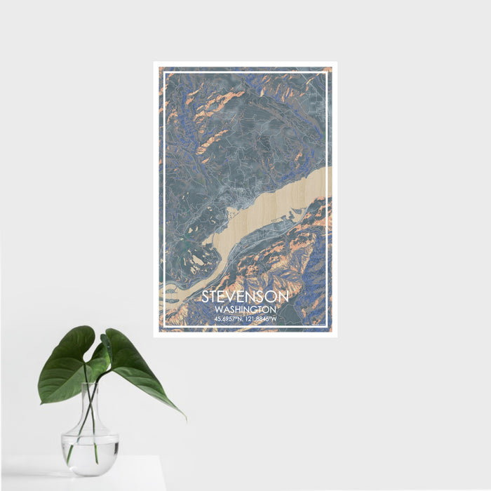 16x24 Stevenson Washington Map Print Portrait Orientation in Afternoon Style With Tropical Plant Leaves in Water