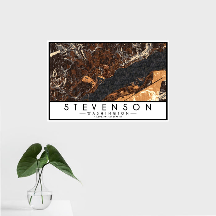 16x24 Stevenson Washington Map Print Landscape Orientation in Ember Style With Tropical Plant Leaves in Water