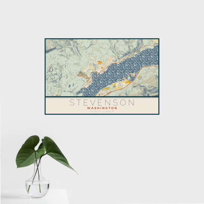 16x24 Stevenson Washington Map Print Landscape Orientation in Woodblock Style With Tropical Plant Leaves in Water