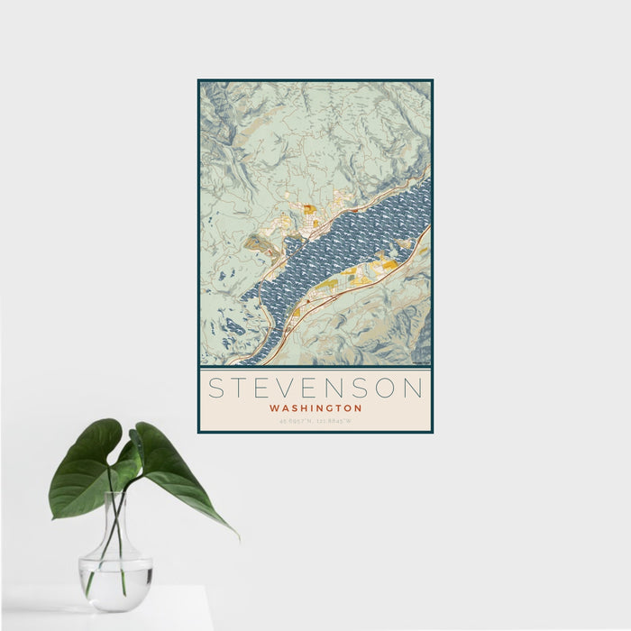 16x24 Stevenson Washington Map Print Portrait Orientation in Woodblock Style With Tropical Plant Leaves in Water