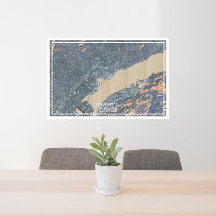 24x36 Stevenson Washington Map Print Lanscape Orientation in Afternoon Style Behind 2 Chairs Table and Potted Plant
