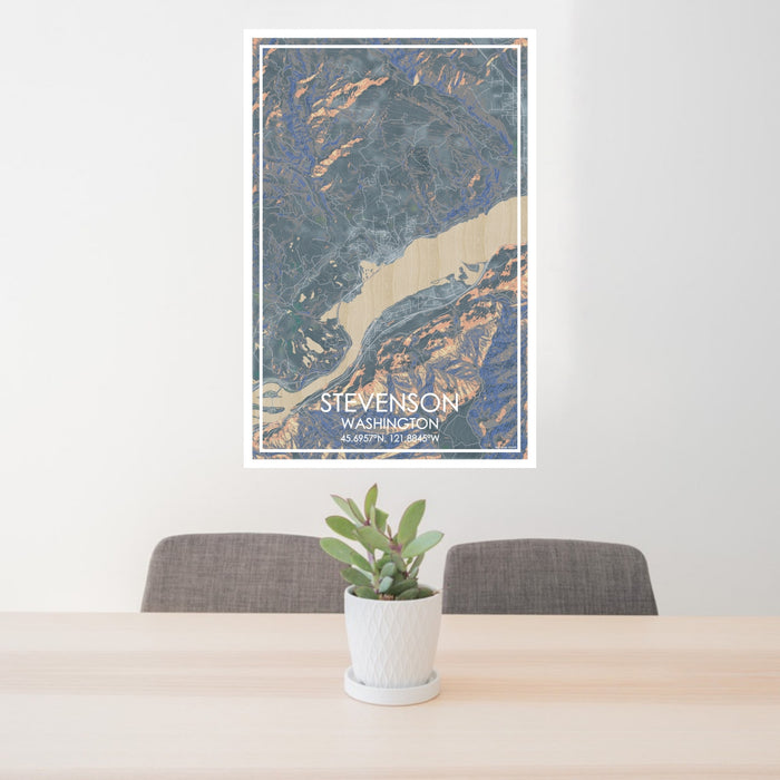 24x36 Stevenson Washington Map Print Portrait Orientation in Afternoon Style Behind 2 Chairs Table and Potted Plant