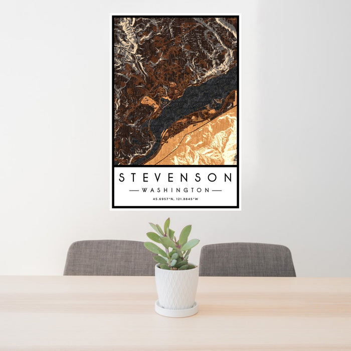 24x36 Stevenson Washington Map Print Portrait Orientation in Ember Style Behind 2 Chairs Table and Potted Plant