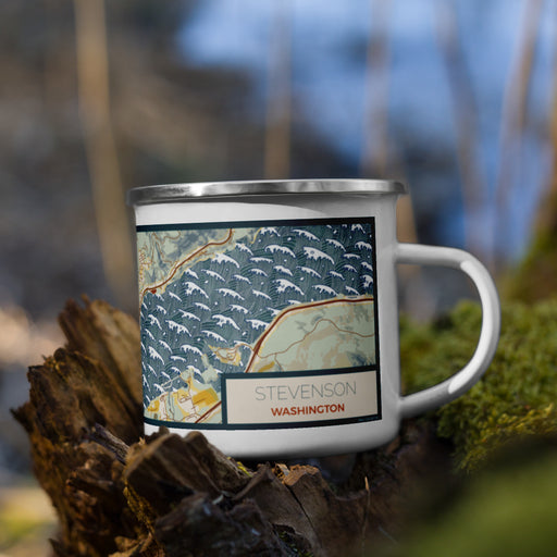 Right View Custom Stevenson Washington Map Enamel Mug in Woodblock on Grass With Trees in Background