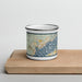 Front View Custom Stevenson Washington Map Enamel Mug in Woodblock on Cutting Board