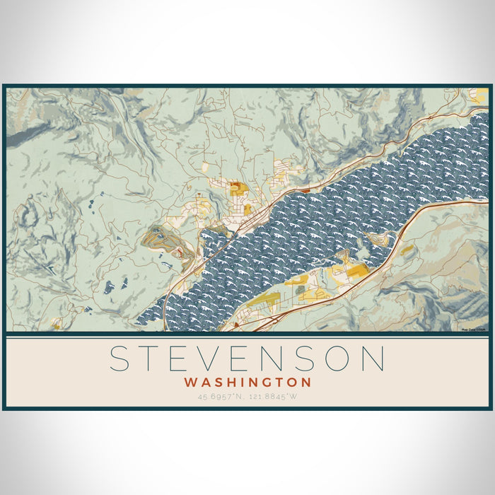 Stevenson Washington Map Print Landscape Orientation in Woodblock Style With Shaded Background