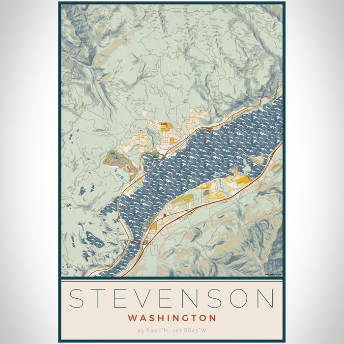 Stevenson Washington Map Print Portrait Orientation in Woodblock Style With Shaded Background