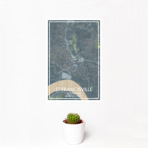 12x18 St Francisville Louisiana Map Print Portrait Orientation in Afternoon Style With Small Cactus Plant in White Planter