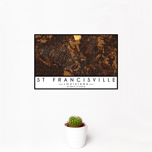 12x18 St Francisville Louisiana Map Print Landscape Orientation in Ember Style With Small Cactus Plant in White Planter