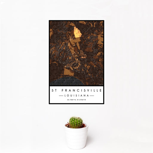 12x18 St Francisville Louisiana Map Print Portrait Orientation in Ember Style With Small Cactus Plant in White Planter