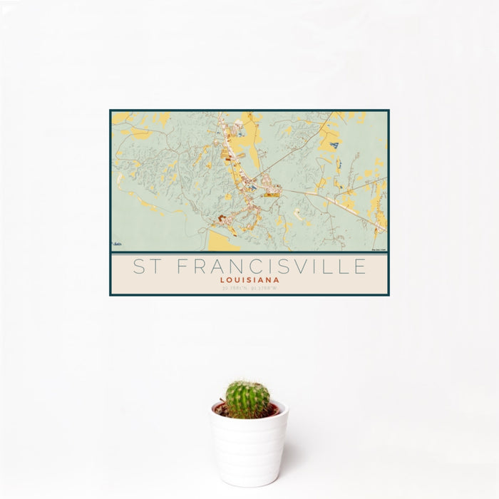 12x18 St Francisville Louisiana Map Print Landscape Orientation in Woodblock Style With Small Cactus Plant in White Planter
