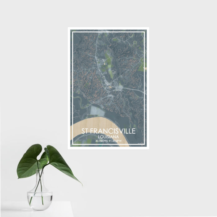 16x24 St Francisville Louisiana Map Print Portrait Orientation in Afternoon Style With Tropical Plant Leaves in Water