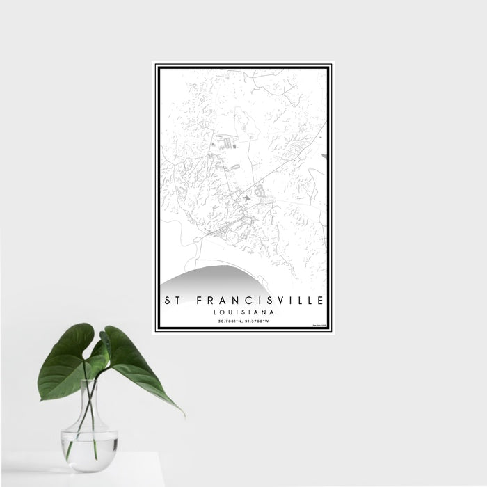 16x24 St Francisville Louisiana Map Print Portrait Orientation in Classic Style With Tropical Plant Leaves in Water