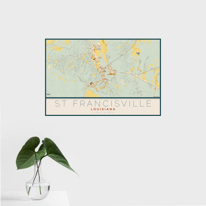 16x24 St Francisville Louisiana Map Print Landscape Orientation in Woodblock Style With Tropical Plant Leaves in Water