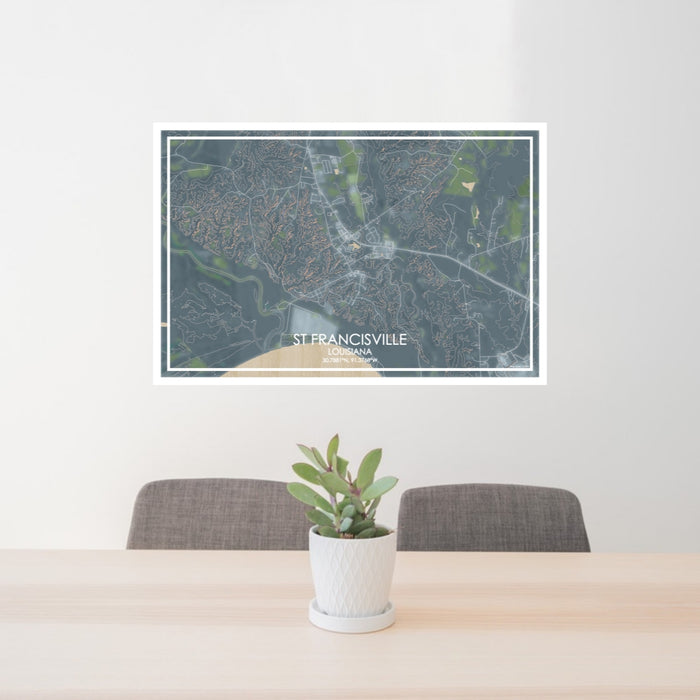 24x36 St Francisville Louisiana Map Print Lanscape Orientation in Afternoon Style Behind 2 Chairs Table and Potted Plant