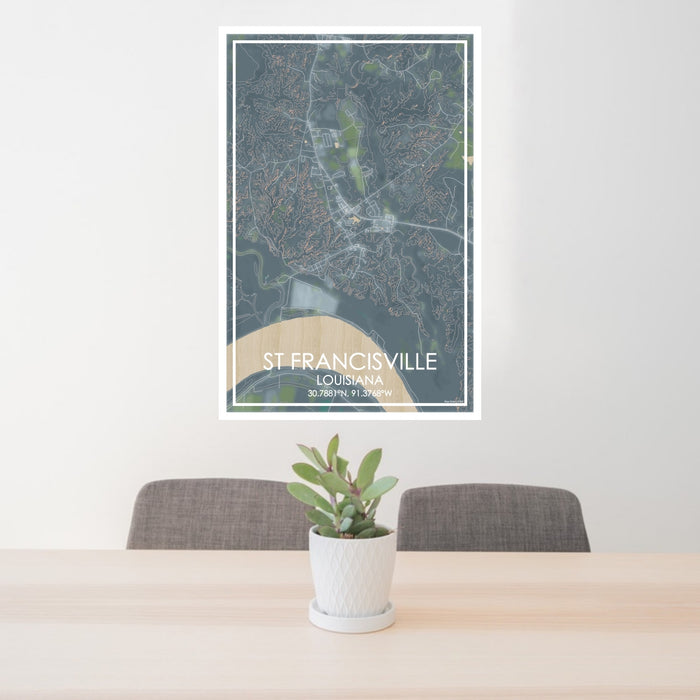 24x36 St Francisville Louisiana Map Print Portrait Orientation in Afternoon Style Behind 2 Chairs Table and Potted Plant