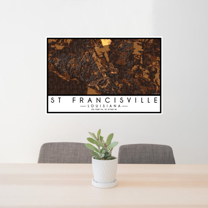 24x36 St Francisville Louisiana Map Print Lanscape Orientation in Ember Style Behind 2 Chairs Table and Potted Plant