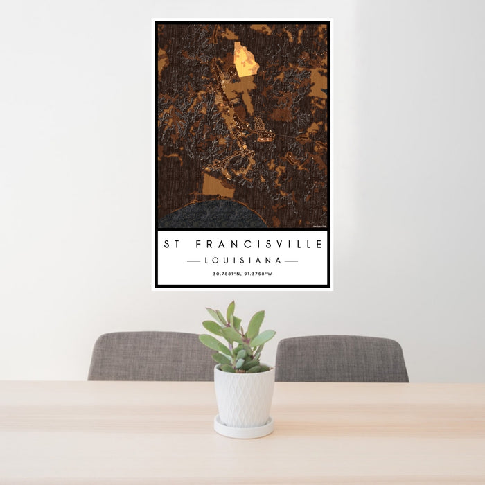 24x36 St Francisville Louisiana Map Print Portrait Orientation in Ember Style Behind 2 Chairs Table and Potted Plant