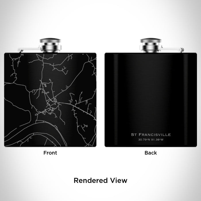 Rendered View of St Francisville Louisiana Map Engraving on 6oz Stainless Steel Flask in Black