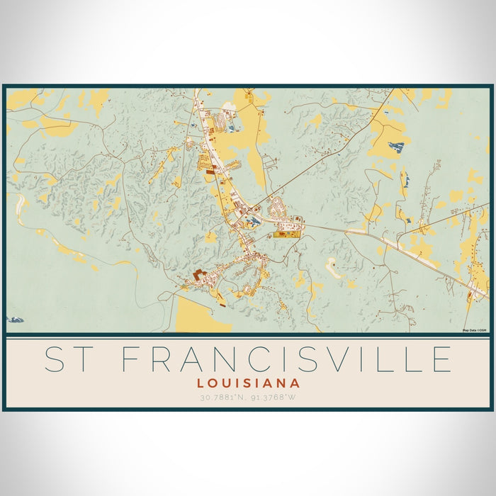 St Francisville Louisiana Map Print Landscape Orientation in Woodblock Style With Shaded Background
