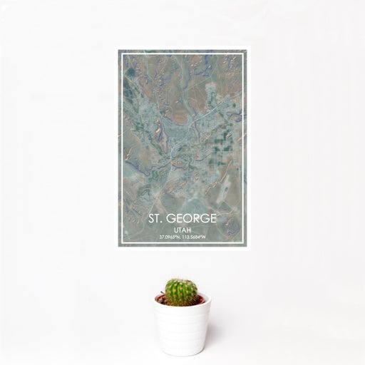 12x18 St. George Utah Map Print Portrait Orientation in Afternoon Style With Small Cactus Plant in White Planter
