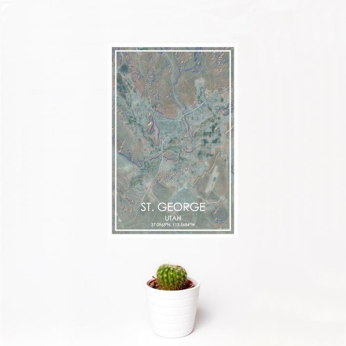 12x18 St. George Utah Map Print Portrait Orientation in Afternoon Style With Small Cactus Plant in White Planter