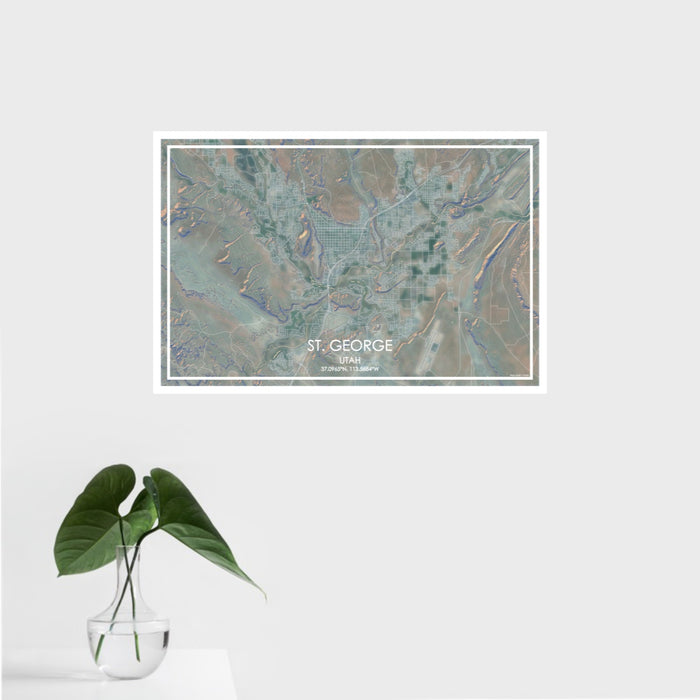 16x24 St. George Utah Map Print Landscape Orientation in Afternoon Style With Tropical Plant Leaves in Water