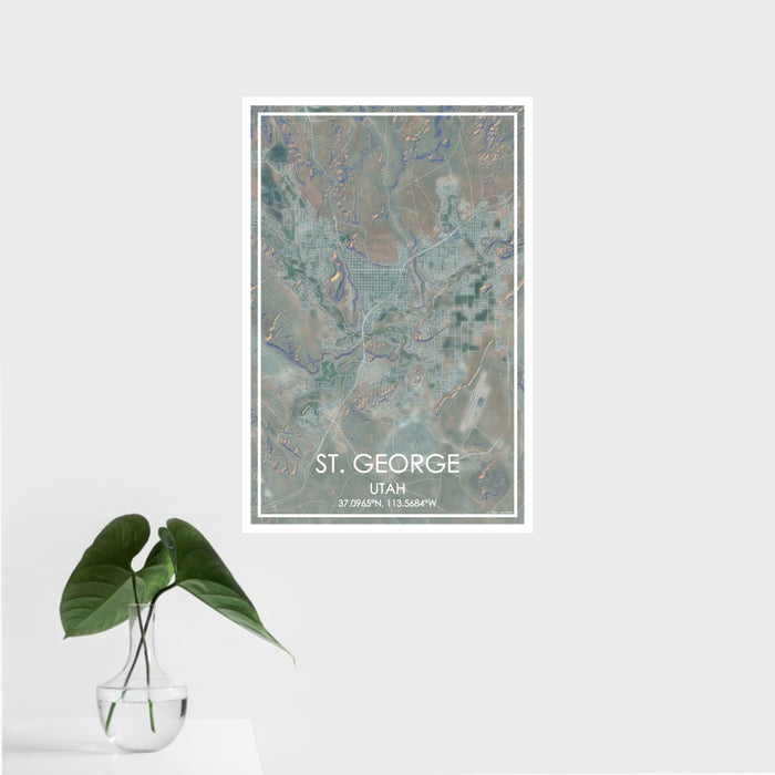 16x24 St. George Utah Map Print Portrait Orientation in Afternoon Style With Tropical Plant Leaves in Water