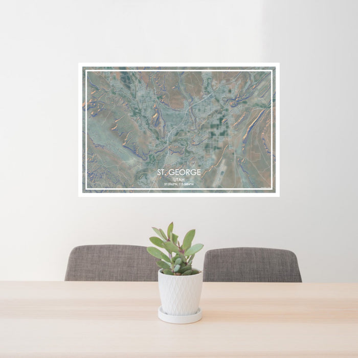 24x36 St. George Utah Map Print Lanscape Orientation in Afternoon Style Behind 2 Chairs Table and Potted Plant