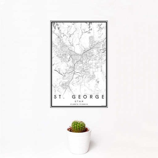 12x18 St. George Utah Map Print Portrait Orientation in Classic Style With Small Cactus Plant in White Planter