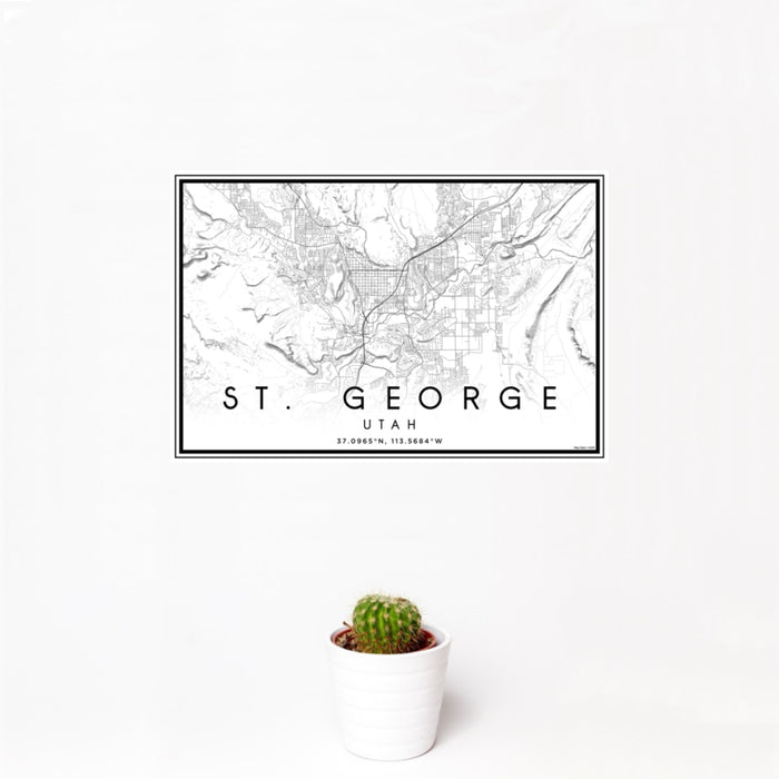 12x18 St. George Utah Map Print Landscape Orientation in Classic Style With Small Cactus Plant in White Planter