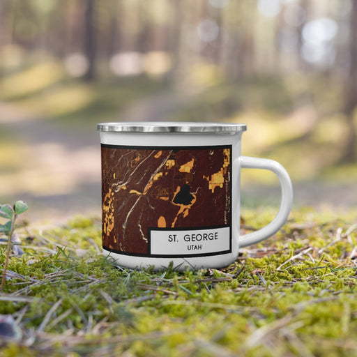 Right View Custom St. George Utah Map Enamel Mug in Ember on Grass With Trees in Background