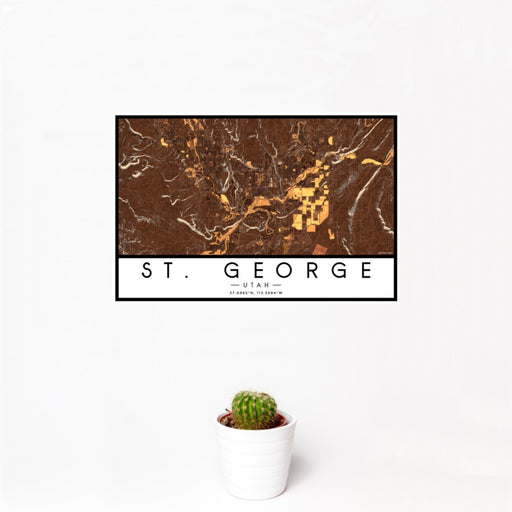 12x18 St. George Utah Map Print Landscape Orientation in Ember Style With Small Cactus Plant in White Planter
