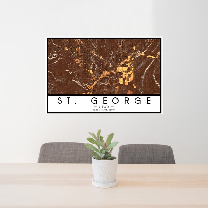 24x36 St. George Utah Map Print Landscape Orientation in Ember Style Behind 2 Chairs Table and Potted Plant