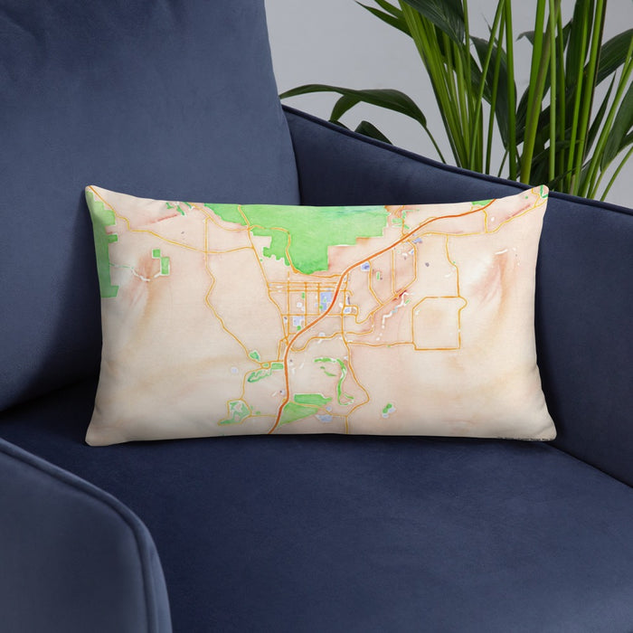 Custom St. George Utah Map Throw Pillow in Watercolor on Blue Colored Chair
