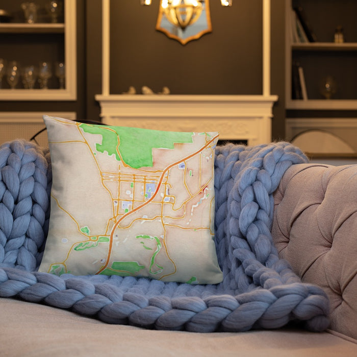 Custom St. George Utah Map Throw Pillow in Watercolor on Cream Colored Couch