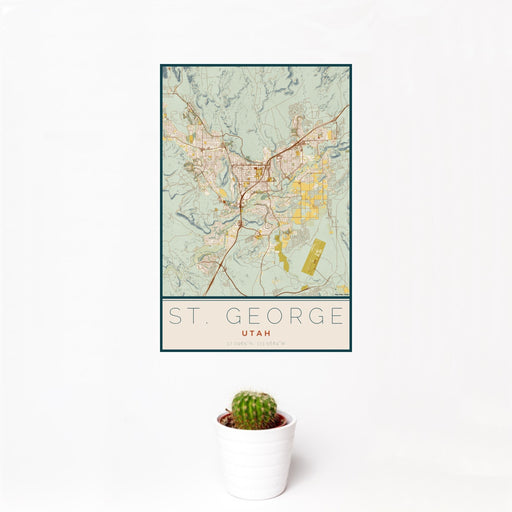 12x18 St. George Utah Map Print Portrait Orientation in Woodblock Style With Small Cactus Plant in White Planter