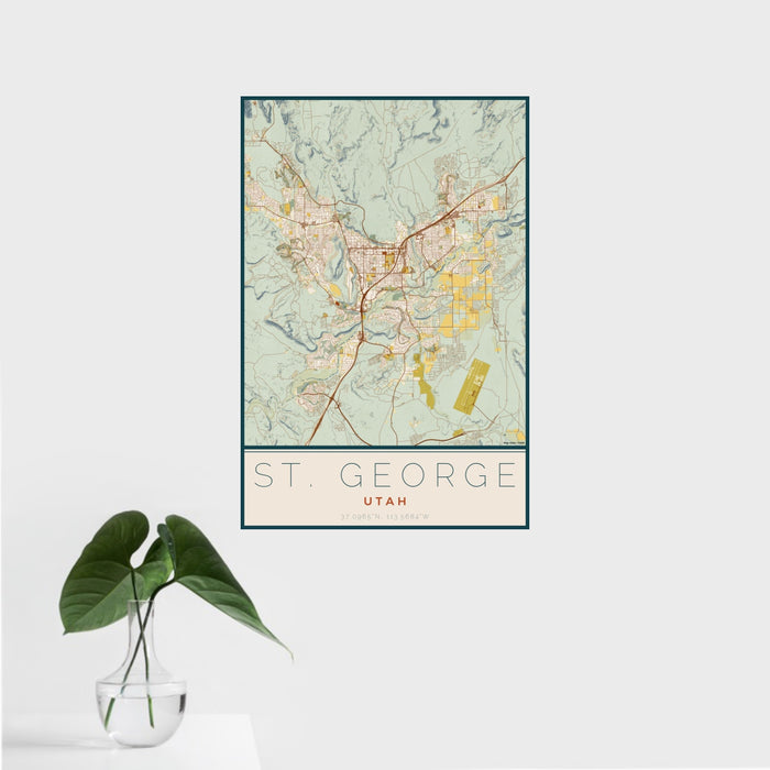 16x24 St. George Utah Map Print Portrait Orientation in Woodblock Style With Tropical Plant Leaves in Water
