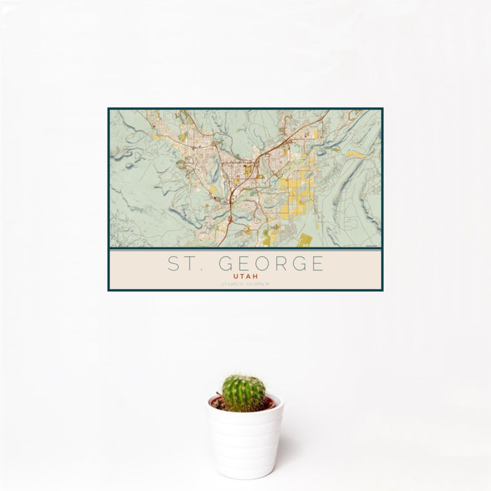 12x18 St. George Utah Map Print Landscape Orientation in Woodblock Style With Small Cactus Plant in White Planter