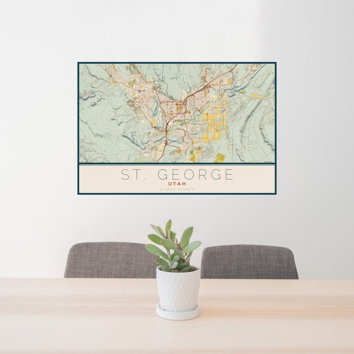 24x36 St. George Utah Map Print Landscape Orientation in Woodblock Style Behind 2 Chairs Table and Potted Plant
