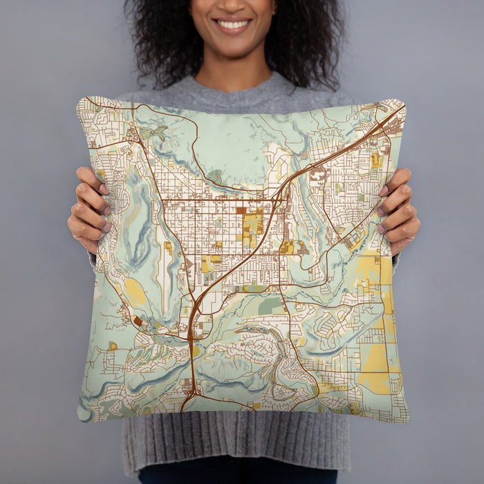 Person holding 18x18 Custom St. George Utah Map Throw Pillow in Woodblock