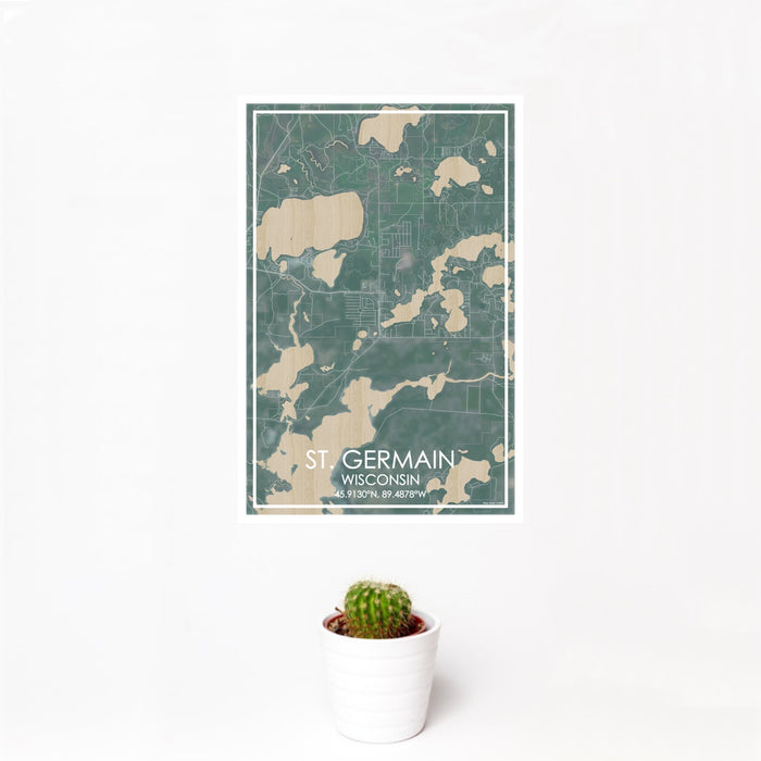 12x18 St. Germain Wisconsin Map Print Portrait Orientation in Afternoon Style With Small Cactus Plant in White Planter