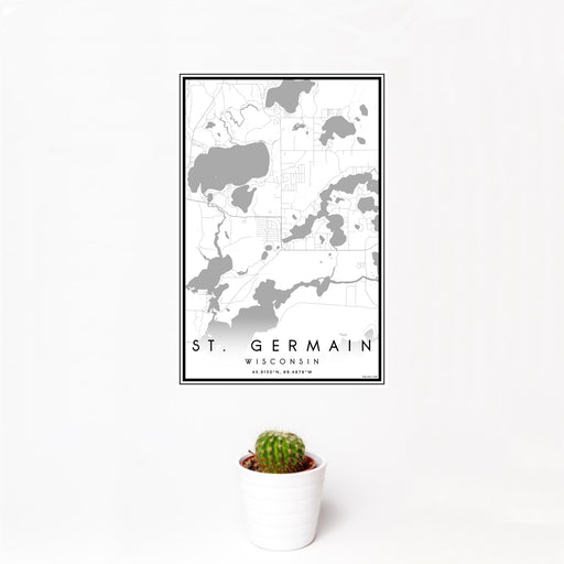 12x18 St. Germain Wisconsin Map Print Portrait Orientation in Classic Style With Small Cactus Plant in White Planter