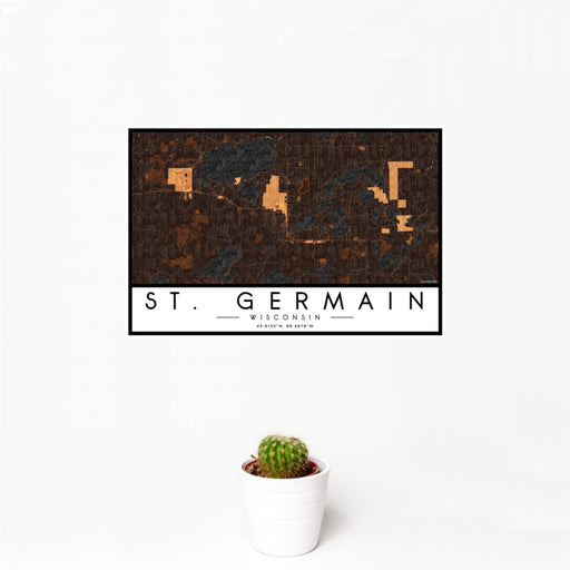 12x18 St. Germain Wisconsin Map Print Landscape Orientation in Ember Style With Small Cactus Plant in White Planter