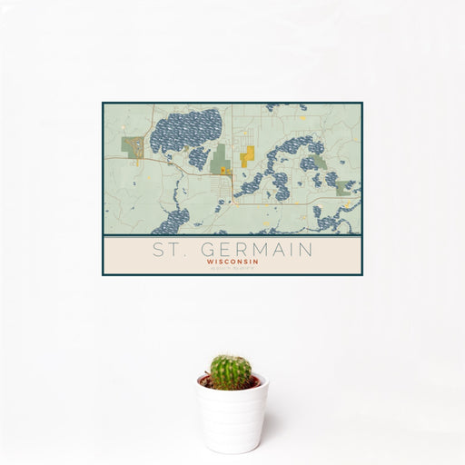 12x18 St. Germain Wisconsin Map Print Landscape Orientation in Woodblock Style With Small Cactus Plant in White Planter