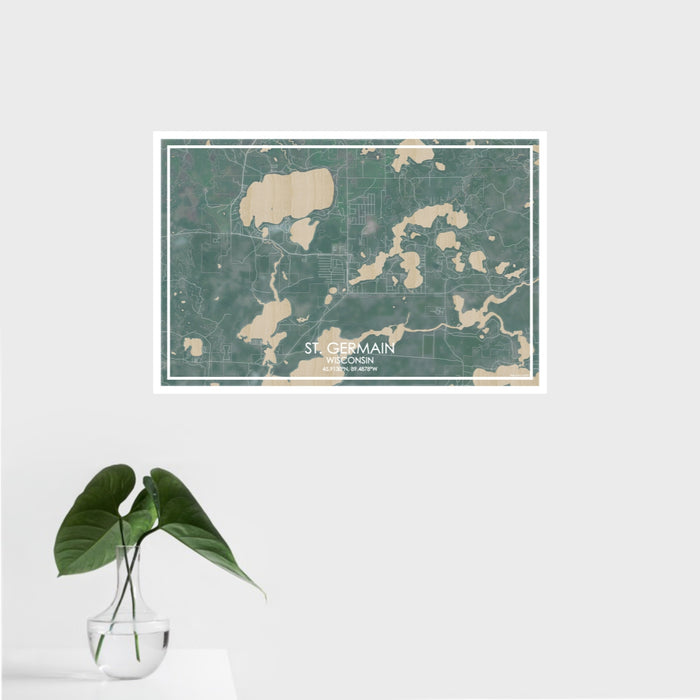 16x24 St. Germain Wisconsin Map Print Landscape Orientation in Afternoon Style With Tropical Plant Leaves in Water