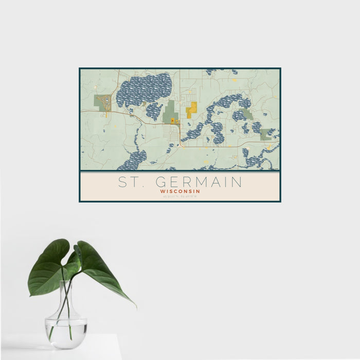 16x24 St. Germain Wisconsin Map Print Landscape Orientation in Woodblock Style With Tropical Plant Leaves in Water